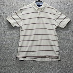 VTG Tommy Hilfiger Men's Short Sleeve Polo Shirt Size Medium  White w Stripes